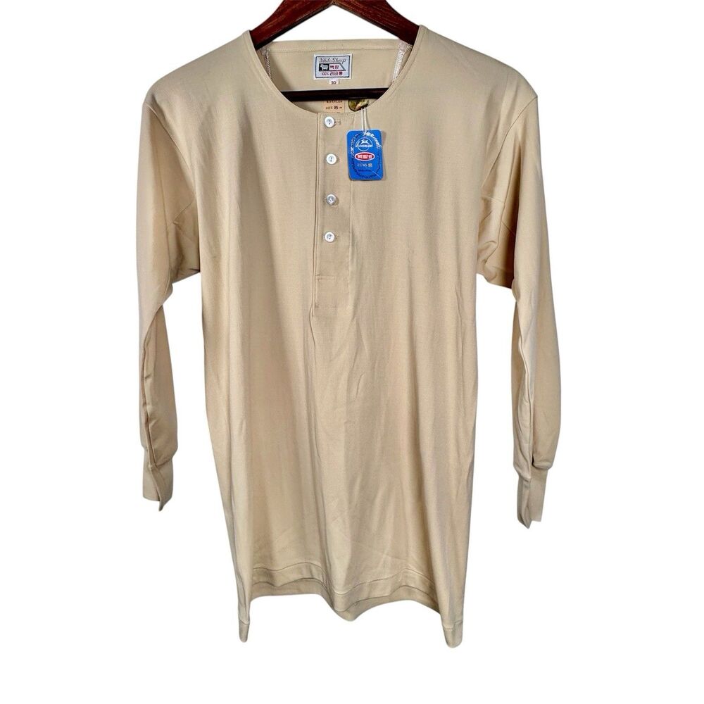 Vintage 70s 80s White Sheep Korean Deadstock Henley Shirt NOS Riverlon Size 95